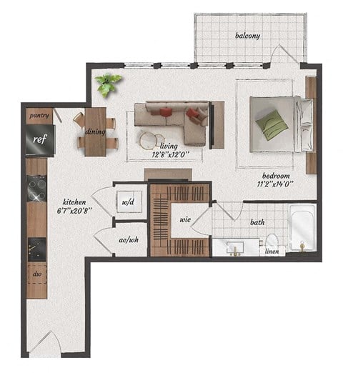 Floor plan for studio, 1 bath, 670 sqft
